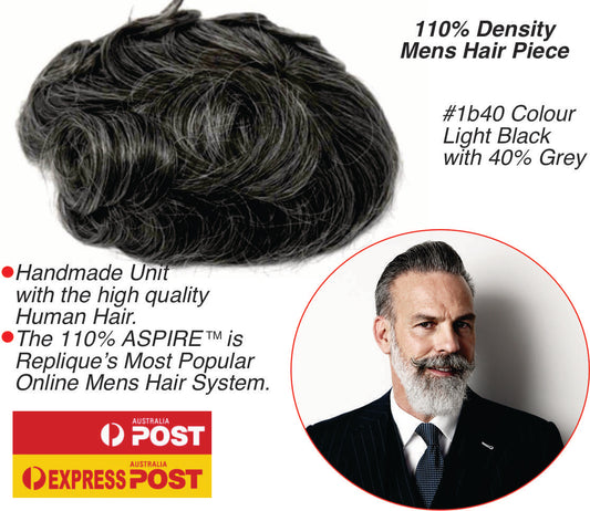 #1B40 LIGHT Blackwith 40% Grey Thin Skin Hair Piece ON SALE $400. Normally $800